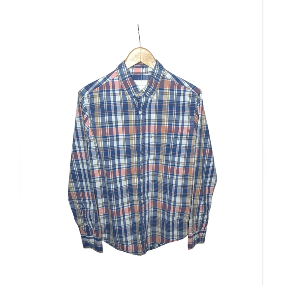 American Eagle Shirt Mens Medium Blue Pink Plaid Button Down Long Sleeve Cotton